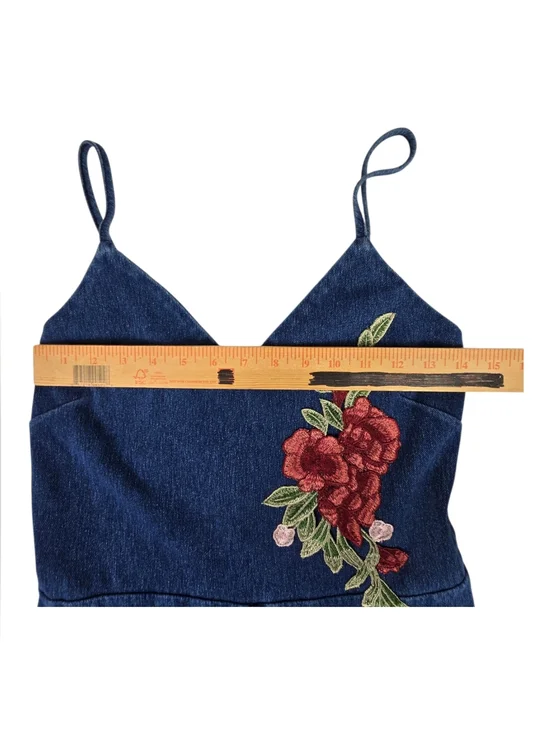 Akira Dark Blue Denim Jumpsuit with Floral Embroidery - Picture 5 of 8
